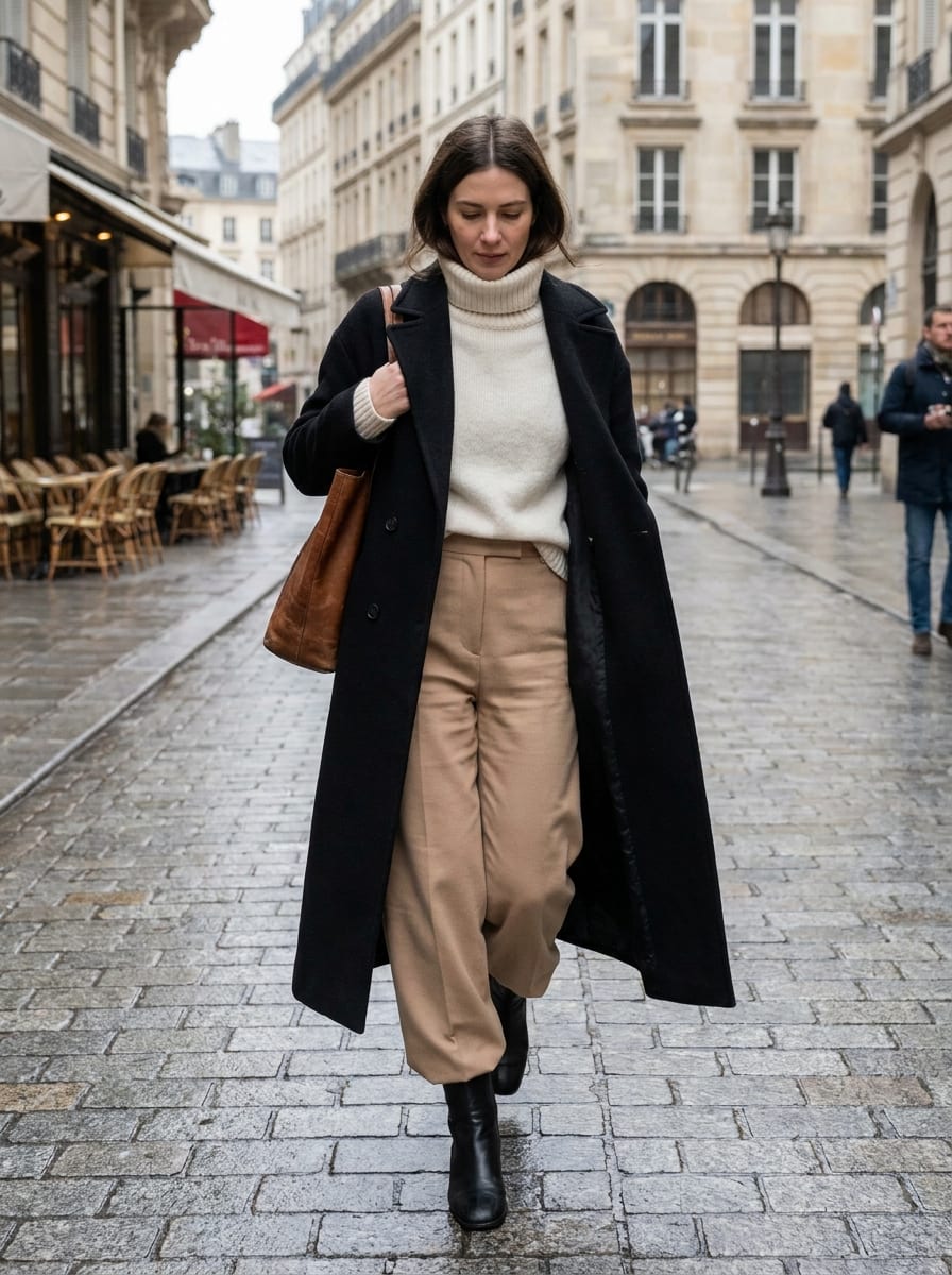 Schwarzer Mantel mit hellem Winter-Layering - Winter Outfit Damen 2026